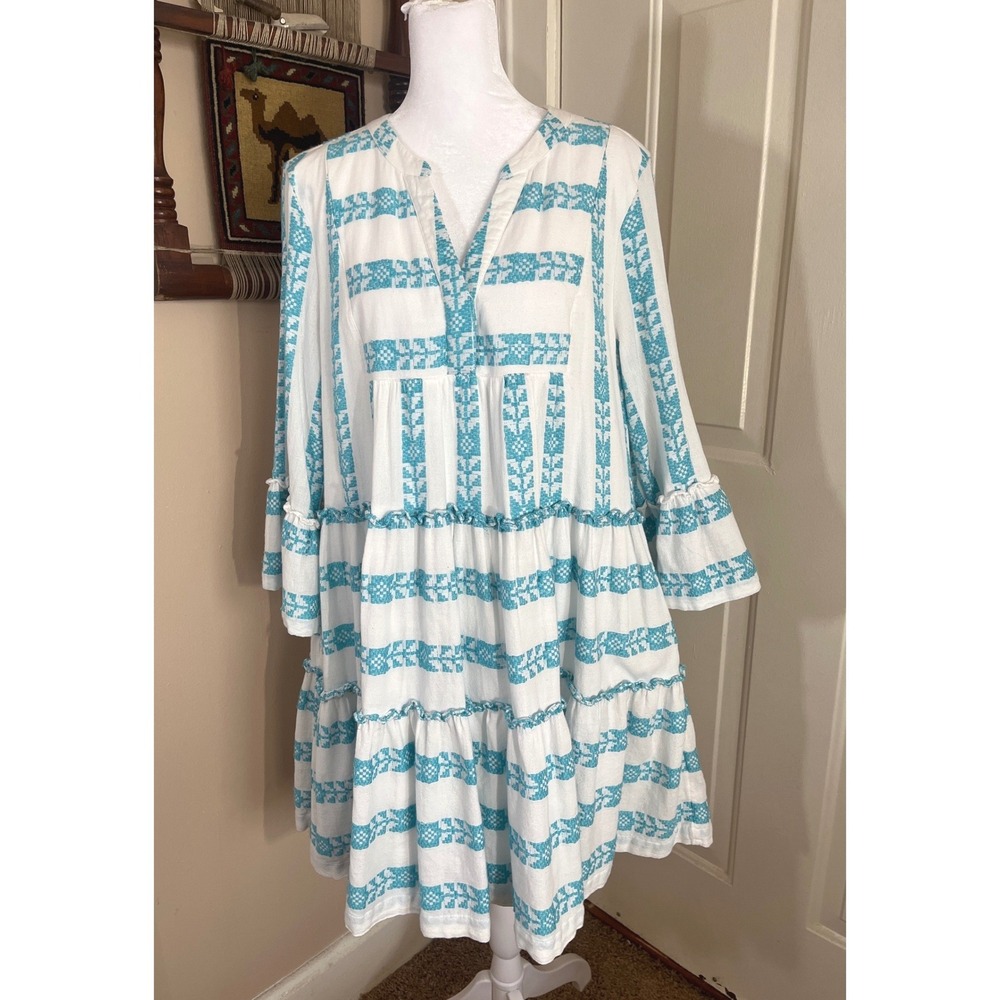 Crown & Ivy Dress Womens L White Turquoise Embroidered Tiered Ruffle Bell Sleeve